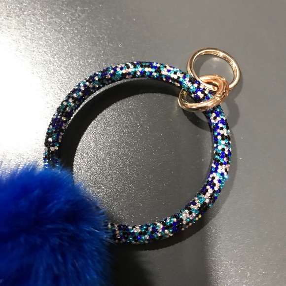 Pom Pom Crystal Rhinestone Bangle Key Ring - Royal Blue - Picture 4 of 4